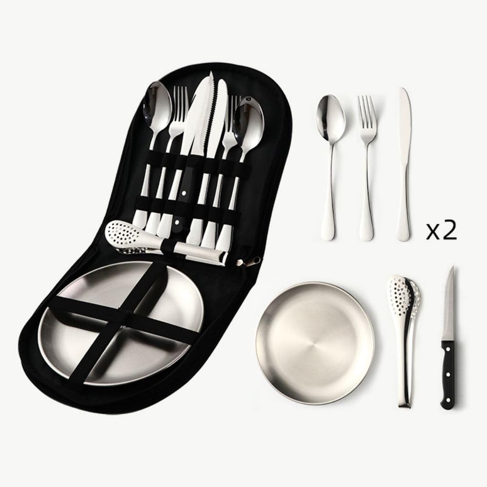 Aaspad Picnic Cutlery Kit with Portable Case Camping Essentials Silverware Set Travel Utensils Outdoor Tableware Stainless Steel Flatware with ForksSpoonsSerrated KnifeFood ClipPlates (Sliver)